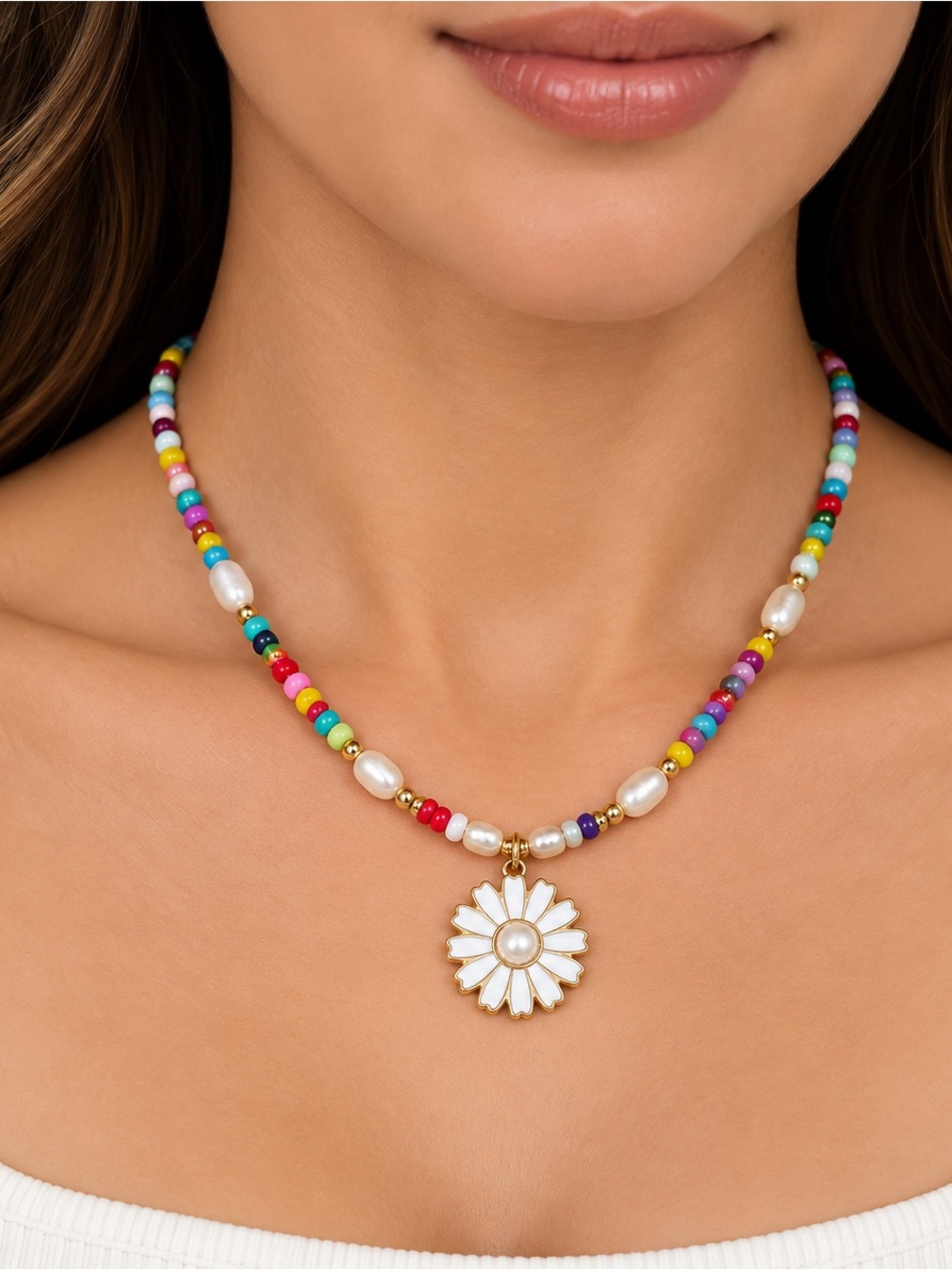 Oshena Designer Beachwear Beaded Necklace Pearl Flower Pendant